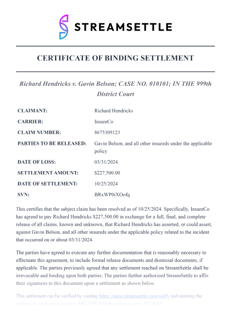 Parties immediately receive fully executed settlement documents