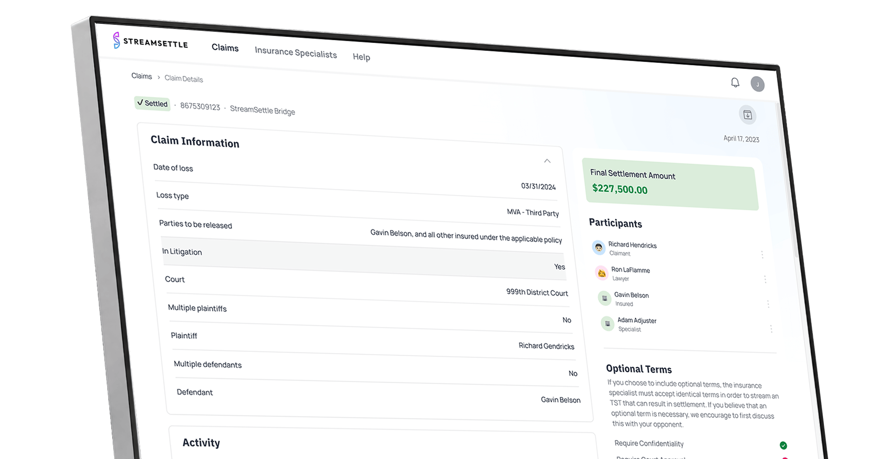 StreamSettle dashboard